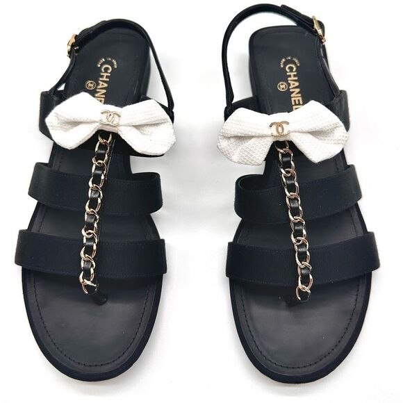 Chanel Interlocking CC Logo Grosgrain Chain Bow Black Sandals EU 37.5 US 6.5-7 - Picture 11 of 13